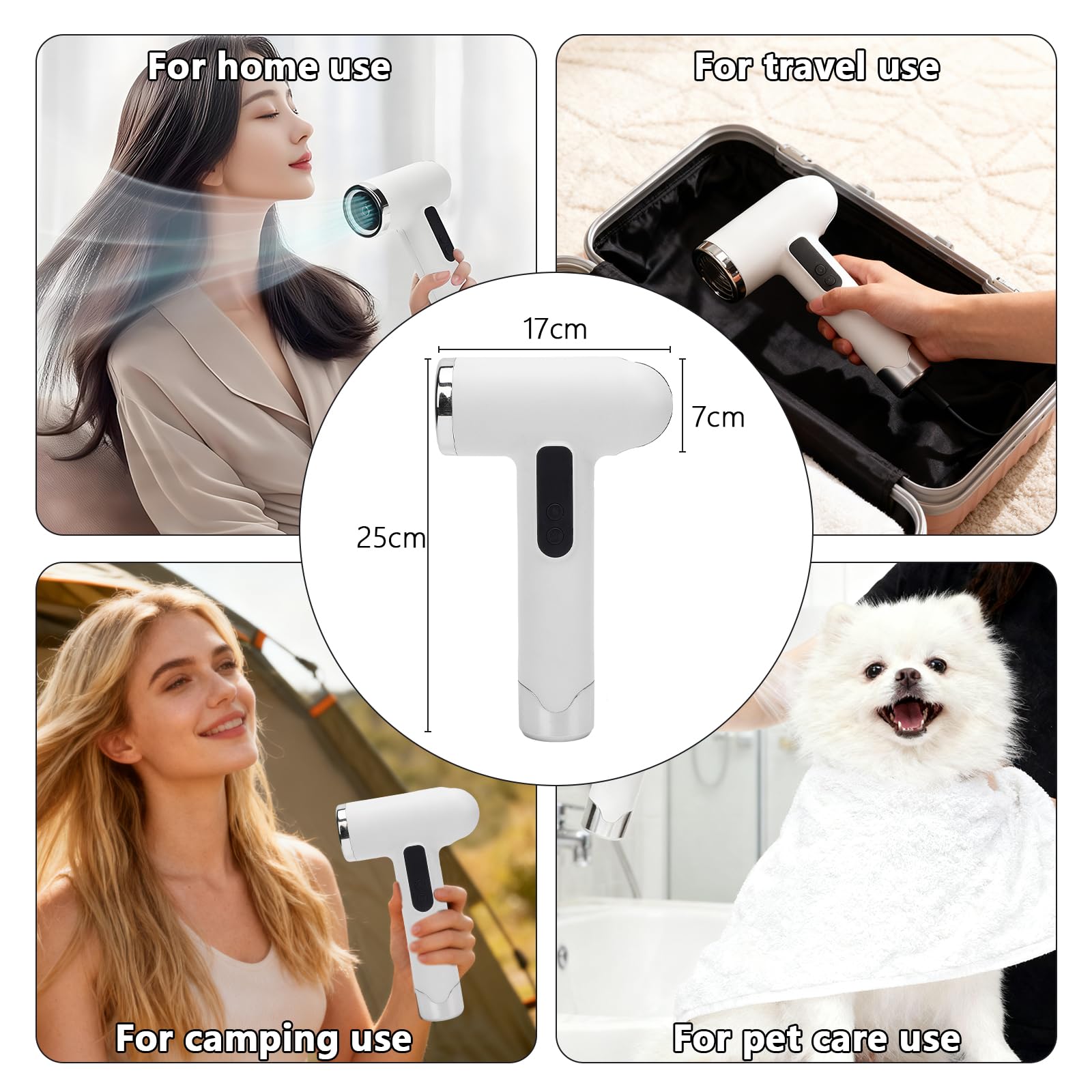 Kabelloser Haartrockner für Frauen, USB kabellos wiederaufladbar Akku föhn 100.000 U/min, 15.000 mAh Reiseföhn Heiß Kalt Wind Styling für Wohnheim, Studenten, Zuhause, Reisen (Weiß)