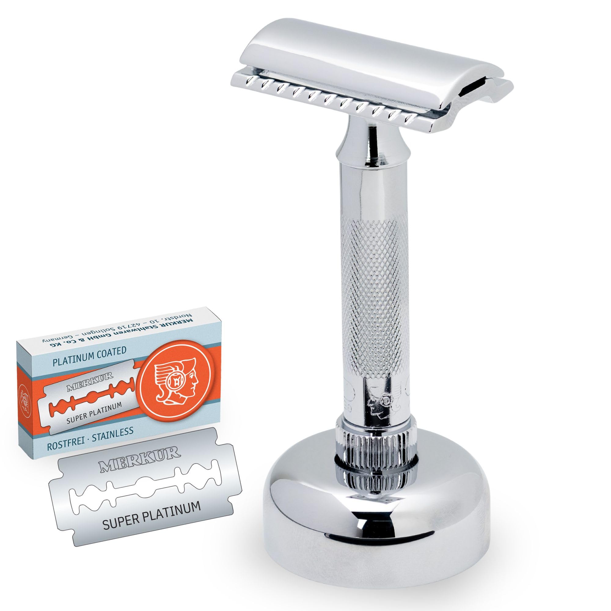 MERKUR 34C Rasierhobel Set inkl premium Rasierhobel, Rasierständer und 11x Platinum Klinge | Glanzchrom | Geschlossener Kamm | Ideal für Nassrasur | Made in Germany