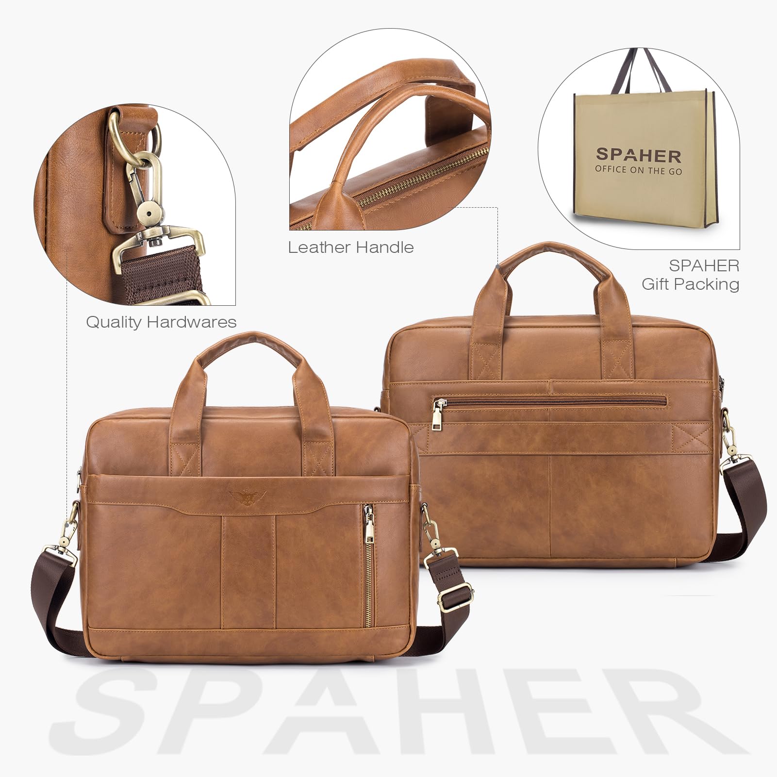 SPAHER - Mallette en cuir synthétique pour ordinateur de 15,6 pouces, sac à bandoulière, serviette d'affaires, cadeau