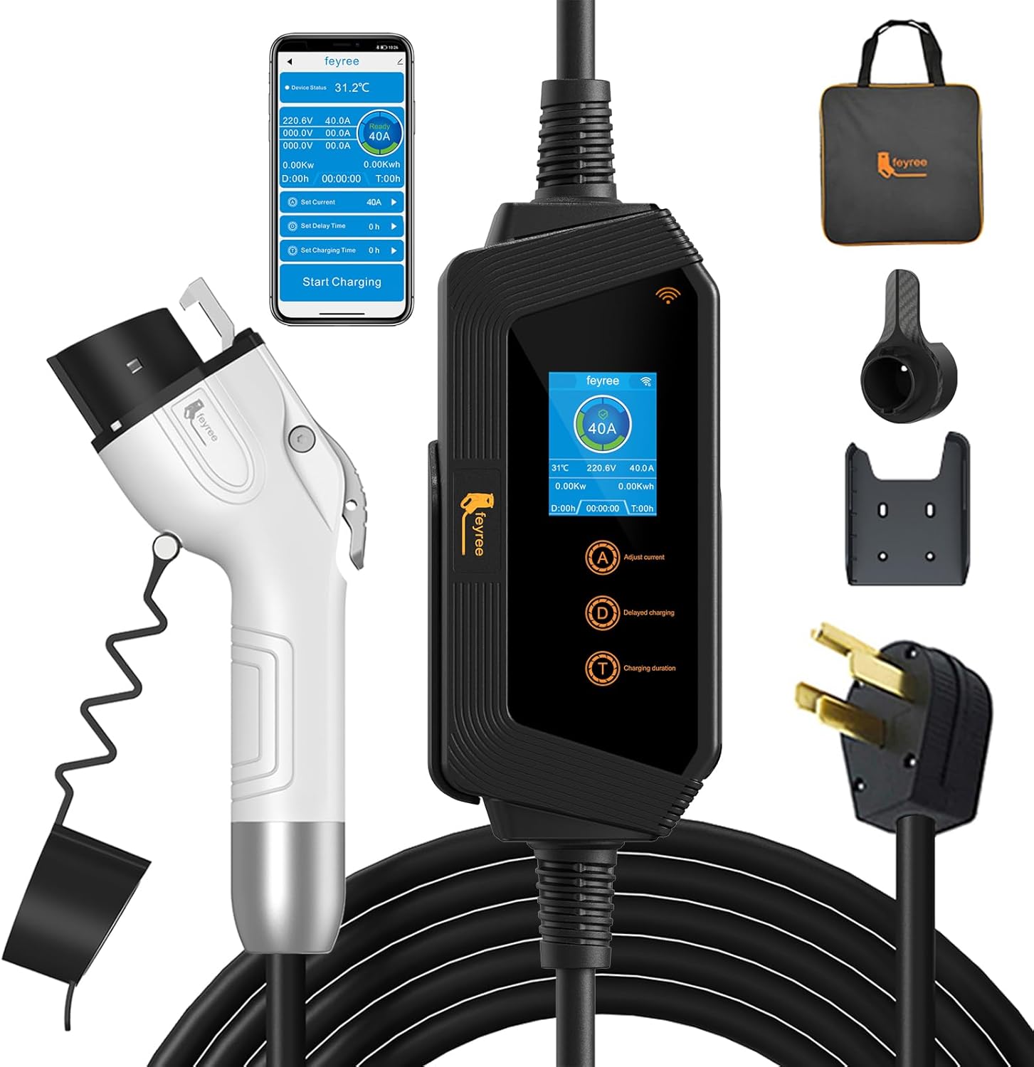 เครื่องชาร์จรถยนต์ไฟฟ้า feyree 40A ระดับ 2 พร้อมปลั๊ก NEMA 14-50P, ขั้วต่อ J1772, ชุดควบคุม และกระเป๋าสำหรับพกพา