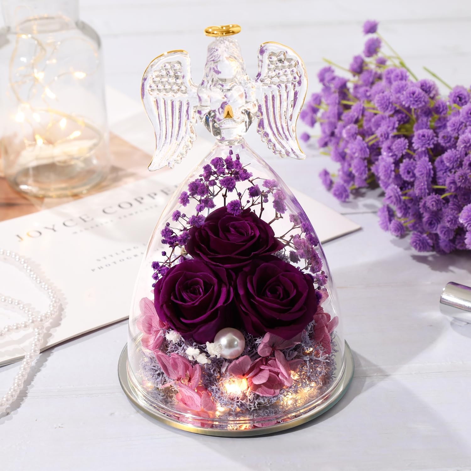 ANWEAO Christmas Angel Rose Gifts for Her, Glass Angel Figurine with Three Roses Gifts,Preserved Forever Real Rose Gifts for Women, Angel Guardian with Rose Flower Gifts, Birthday Gifts for Women - Image 5