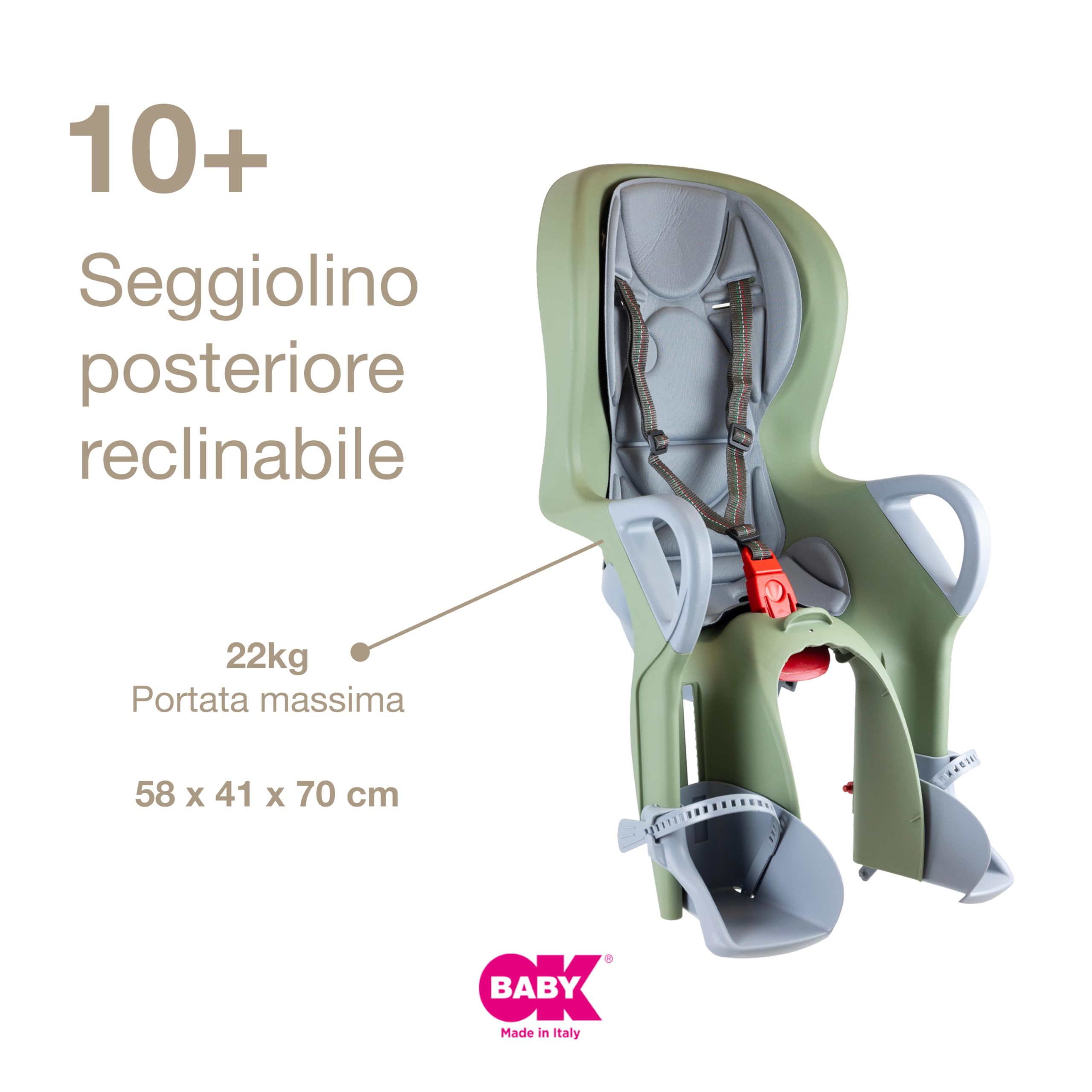 OKBABY 10+ - Seggiolino da Bicicletta Posteriore per Bambini Fino a 22 kg, Reclinabile - Verde Salvia