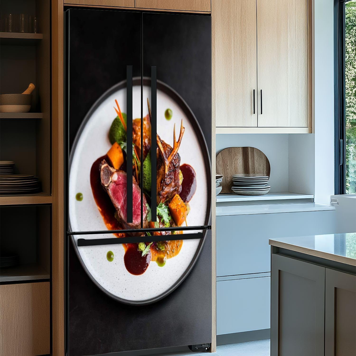 Self Adhesive Vinyl Refrigerator Wrap Beef Deer Steak Filet Gravy Carrot Puree Carrot Cake Served red Wine Door Mural Sticker Peel and Stick Removable Door Cover Fridge Wrap Decal for Kitchen Decor