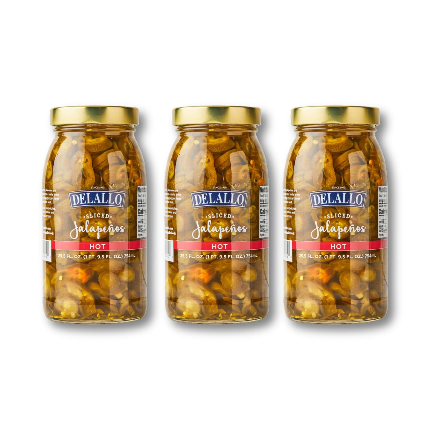 DeLallo Sliced Jalapeno Peppers, 25.5 Ounce Jar 3 Pack, Spicy Hot Jalapenos for Dips and Nachos, 100% Cured, Gluten Free, Vegan, Grown in USA