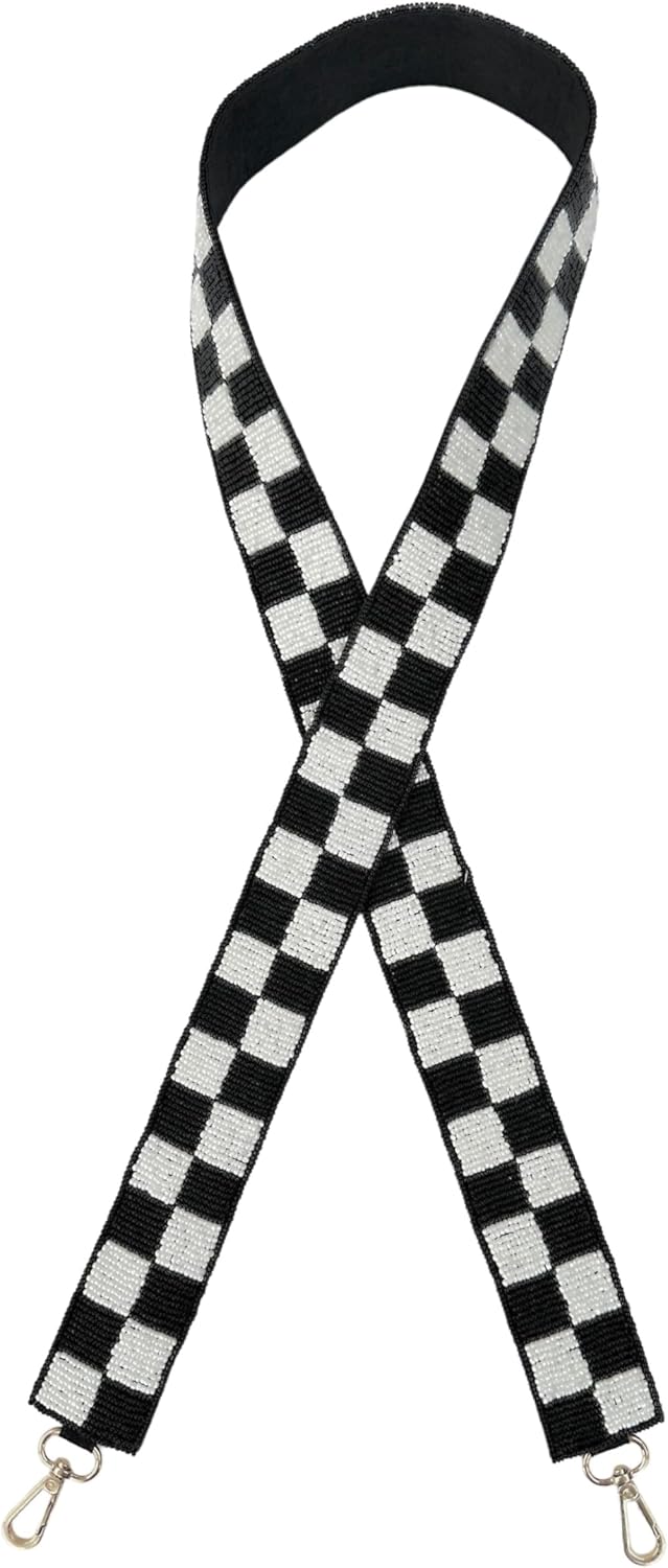 Beaded Purse Strap Black & White Checkered College Game Day Clear Handbag Replacement Strap Stadium Pro Football University 49 x 1.75” Gold Hardware Clips