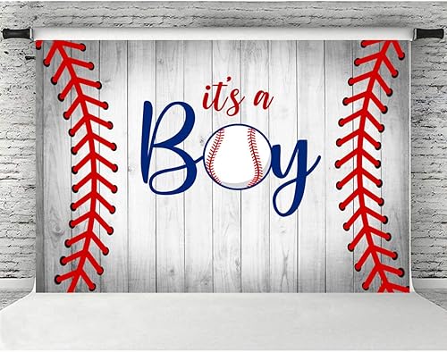 Miniatura 2 de Lofaris Telón de fondo de béisbol con texto en inglés "It's A Boy" de 5 x 3 pies para baby shower para niño, cartel gris de madera rústica para