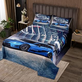 Erosebridal Racing Car Coverlet Set Twin Size, Boys Race Car Bedspread Quilt Set Speed Sports Automobile Quilted, Man Fashion Soft Home Decorative 2 Pieces(1 Bedspread and 1 Pillowcase), Blue Grey