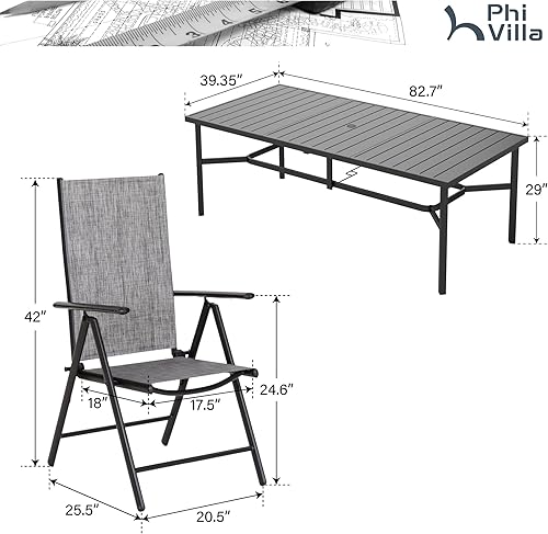 Miniatura 9 de PHI VILLA Juego de comedor de patio de 9 piezas, muebles de patio al aire libre con sillas plegables portátiles ajustables para patio (gris) y mesa