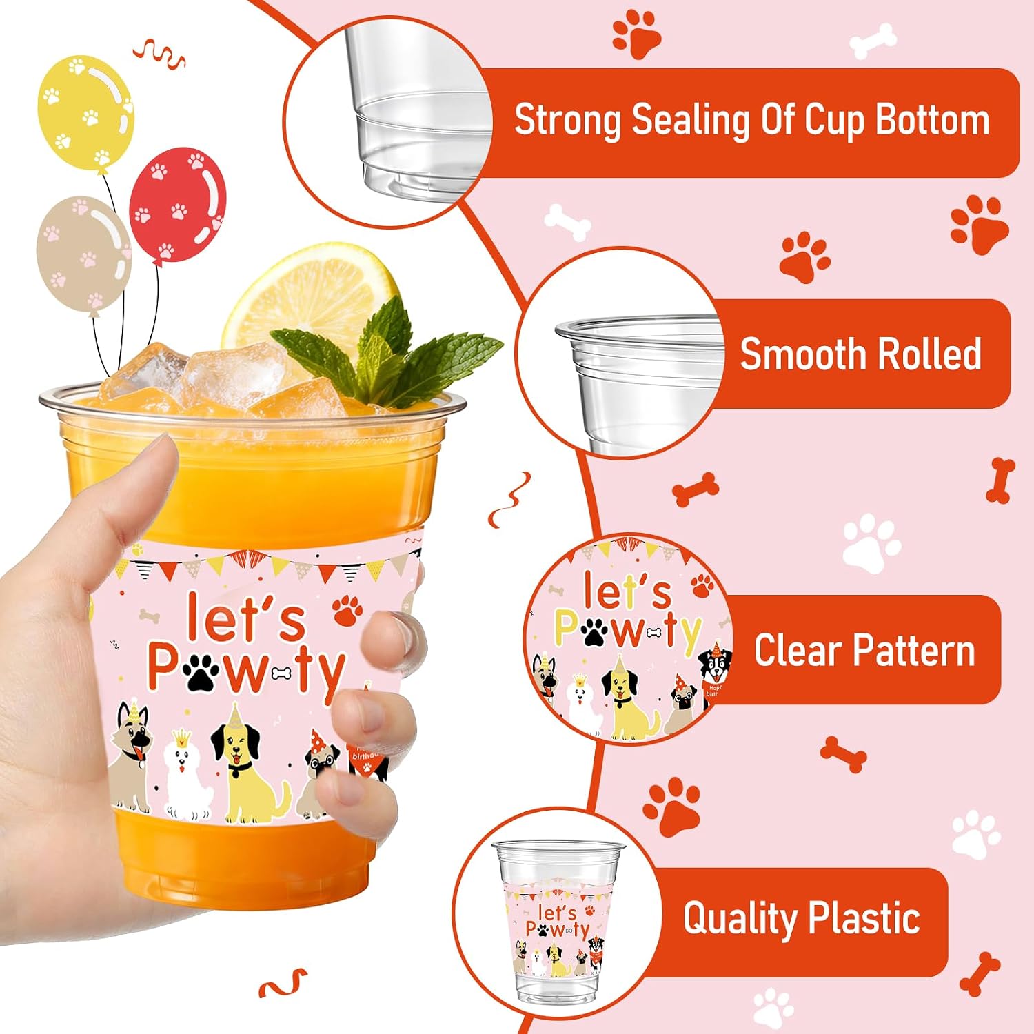 50 PCS Lets Pawty Dog Birthday Plastic Cups,12 OZ Clear Disposable Cold Hot Drinking Cups Beverage Water Container Puppy Dogs Themed Events Party Supplies
