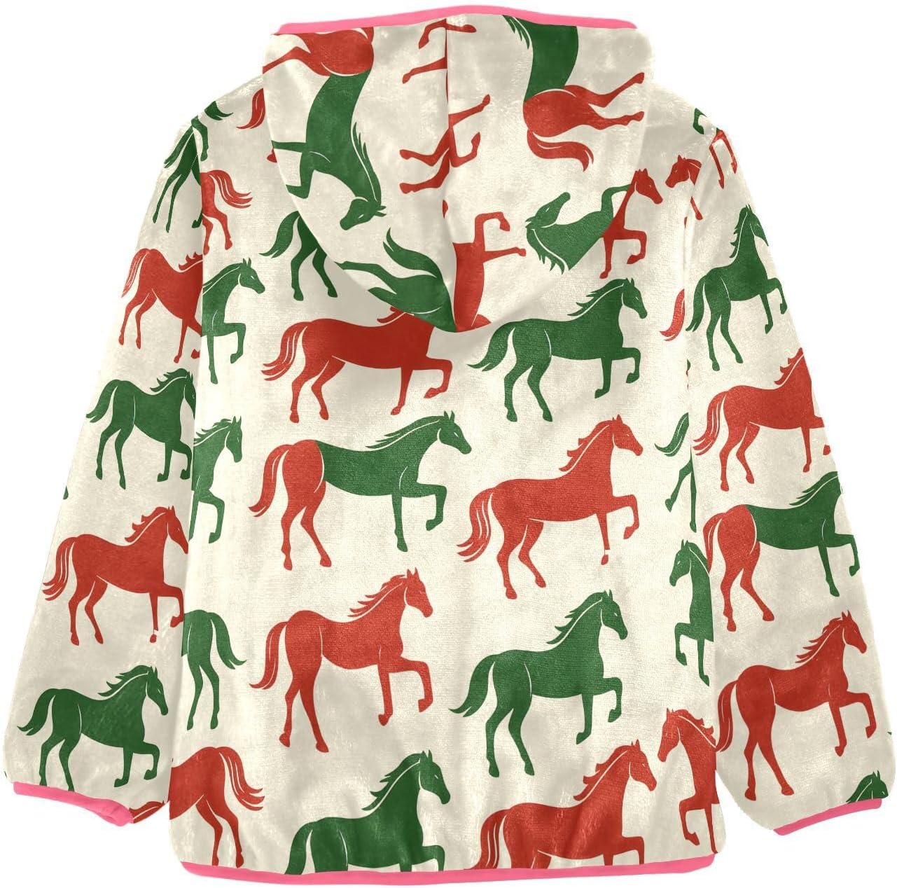 Girls Hoodie Outfit Green Red Horse Pattern Zipper Sweatshirt Coat Fleece Jacket for Kids 3-10T