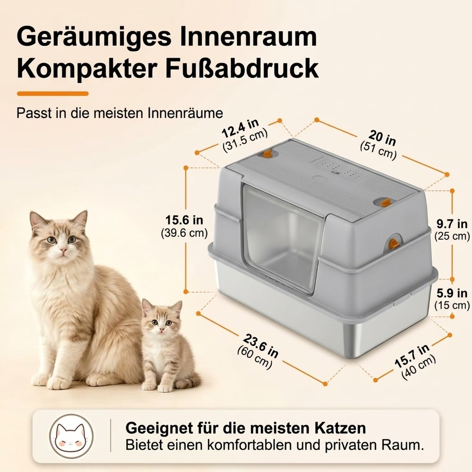 Lettiera per gatti in acciaio inox con coperchio, con ingresso laterale, per gatti di grandi dimensioni, anti-perdite, controllo degli odori con filtro al carbonio, include paletta e tappetino