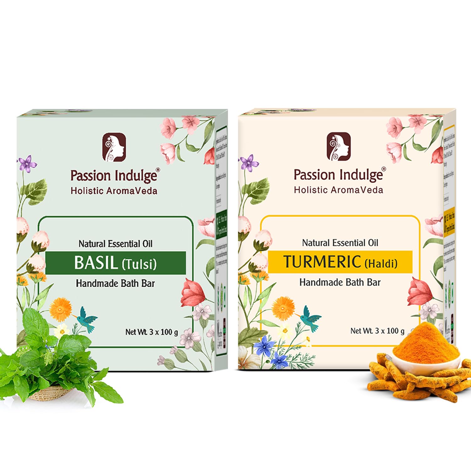 Passion Indulge Ayurvedic Handmade Soaps Natural Bath Bar Pack of 2 (6 Soap, 100 Gram) - Turmeric and Basil Combo Pack