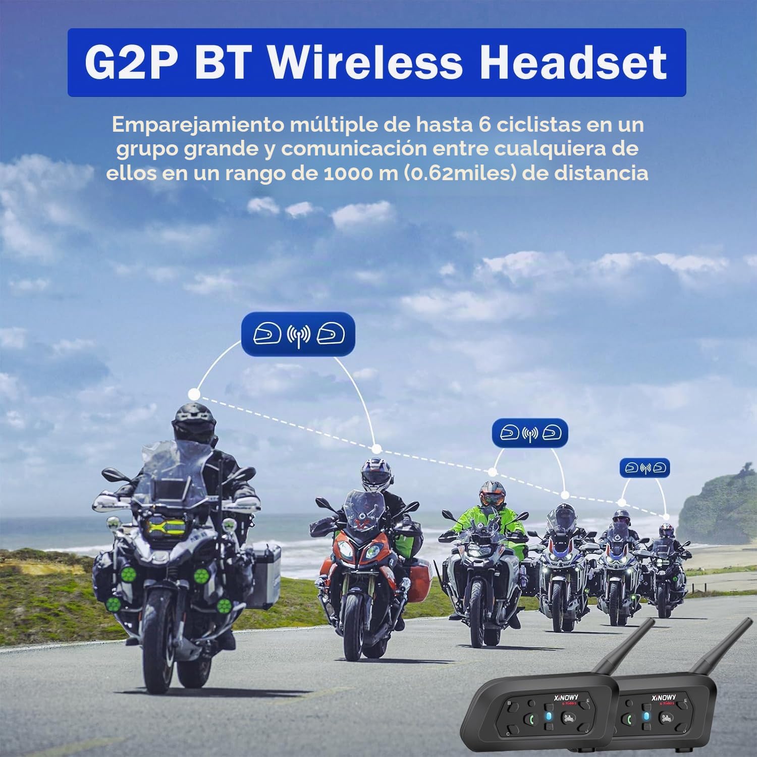 uo3eu V6 Casco con intercomunicador Bluetooth 1200 m, conecta hasta 6 conductores. Ideal para motociclismo y montañismo. Paquete de 2, inalámbrico