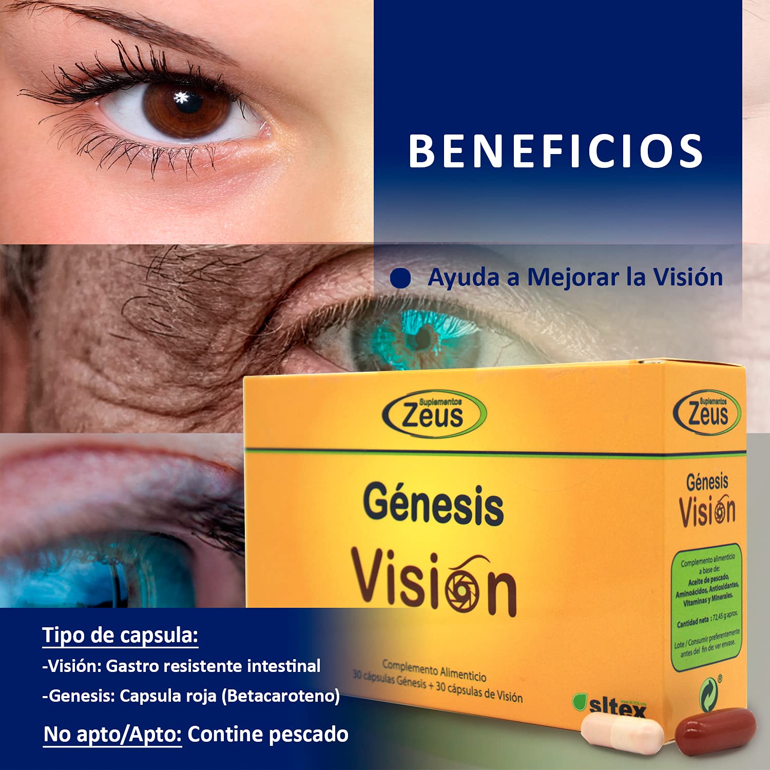 GÉNESIS VISIÓN suplementos zeus Contribuye al mantenimiento de la visión. Alimenticio a base de Aceite de pescado, Aminoácidos, CoQ10, Luteína, Astaxantina, Vitaminas y Minerales 60 Cap