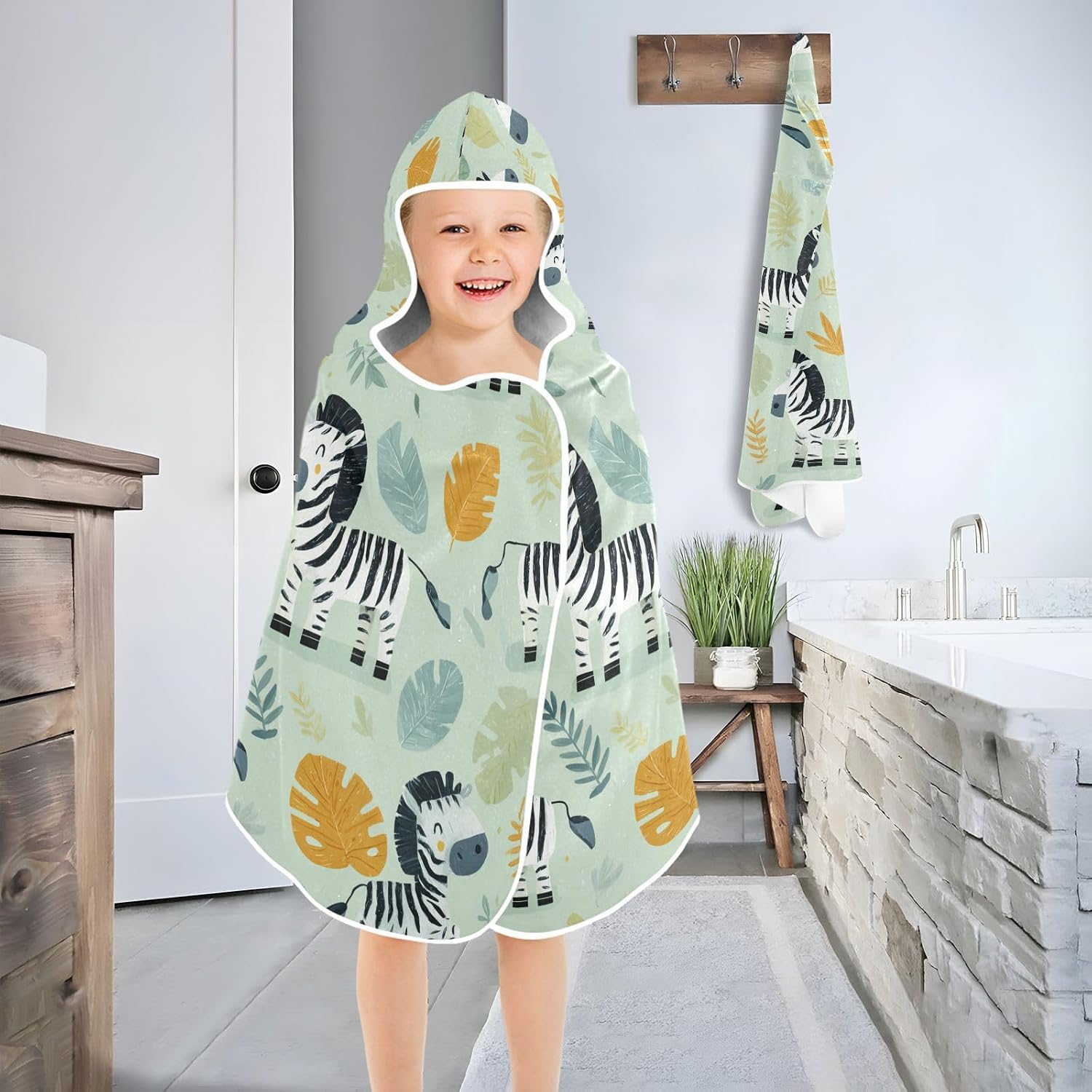 Kid Towels with Hood Funny Jungle Zebras Green Hooded Beach Bath Towel Soft