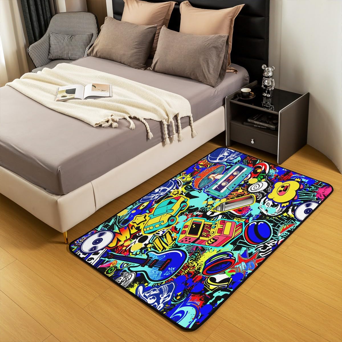 Loussiesd Hippie Graffiti Tappeto Stile 100 x 150 cm per Bambini Ragazzi Grafica Graffiti Moderno Tappeto Hip Hop Musica Tappeto Soggiorno Street Culture Outdoor Tappeto