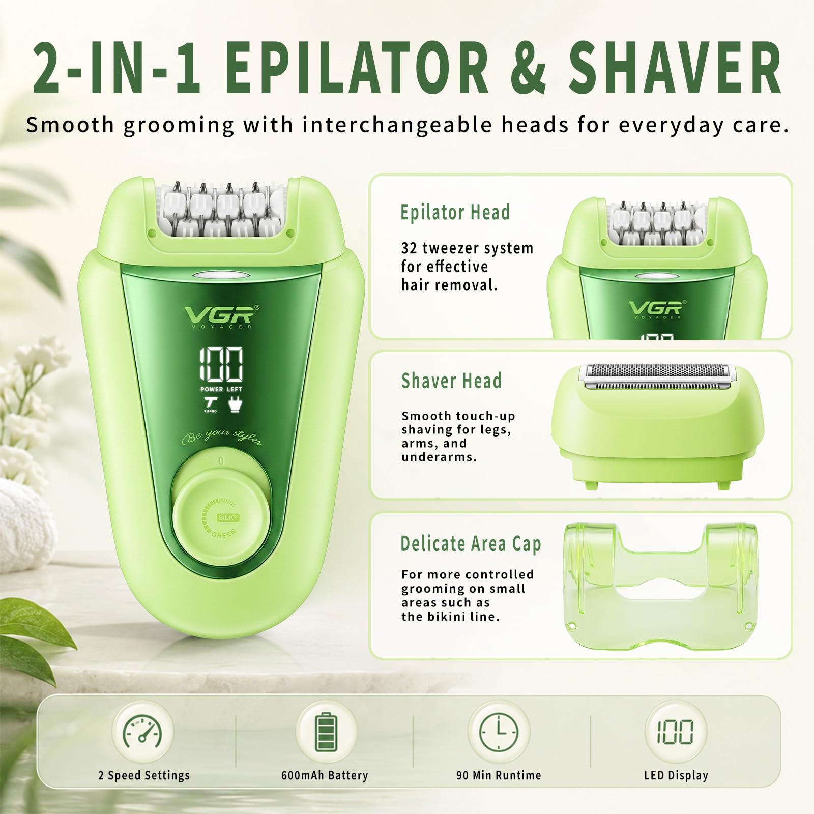 VGR 758 Epilatore elettrico 2 in 1 da donna, 32 pinzette, IPX7, Verde