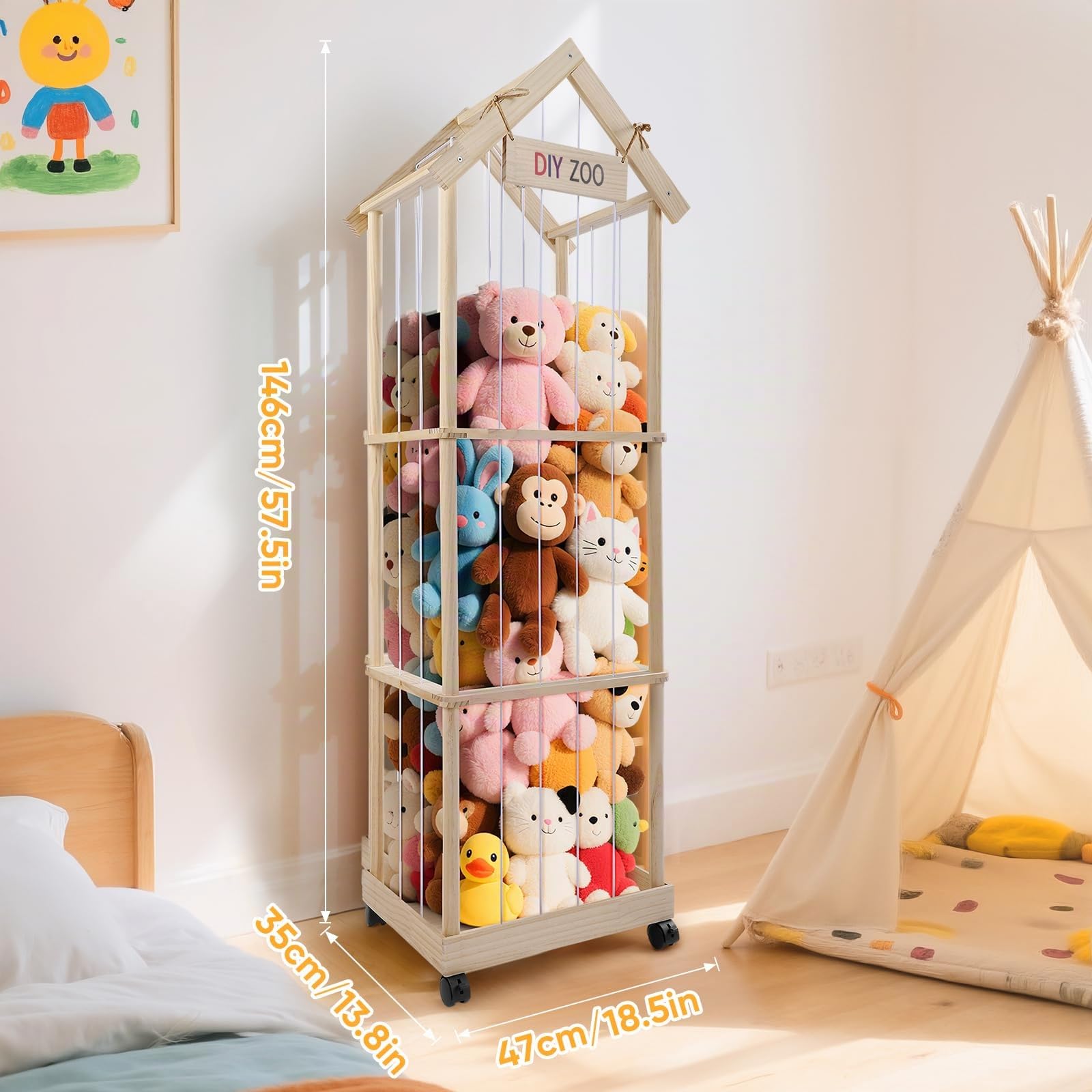 Caja de Almacenamiento para Peluches, 146 47x35CM de Madera Maciza con Ruedas Giratorias Bloqueables de 360°, Ideal para Habitaciones de Bebés, Salas de Estar