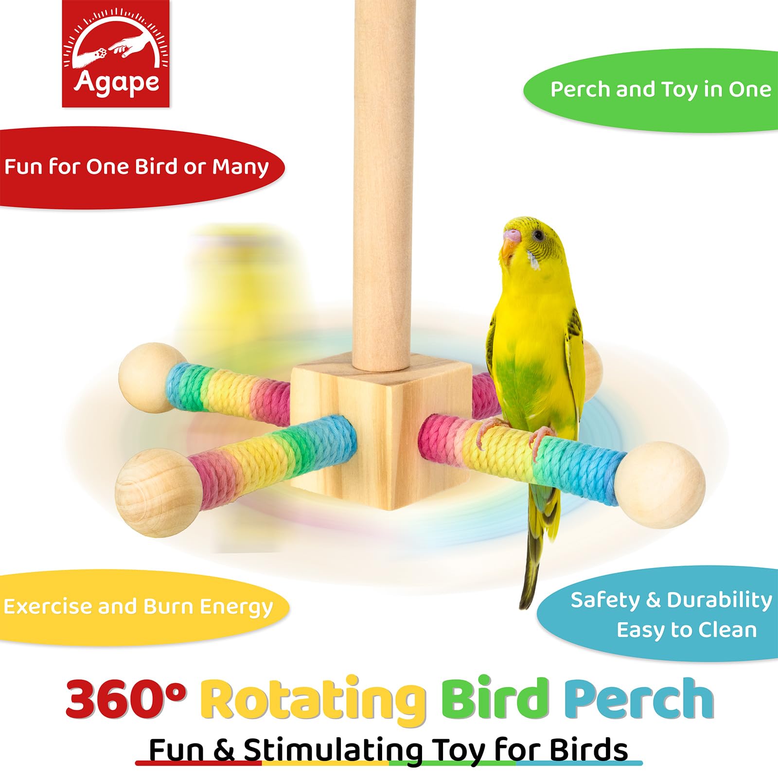 Agape Juguete de perca para pájaros, juguete giratorio interactivo de 360°, accesorios para jaula de pájaros para loros pequeños y medianos para gastar energía, soporte de madera para periquitos,