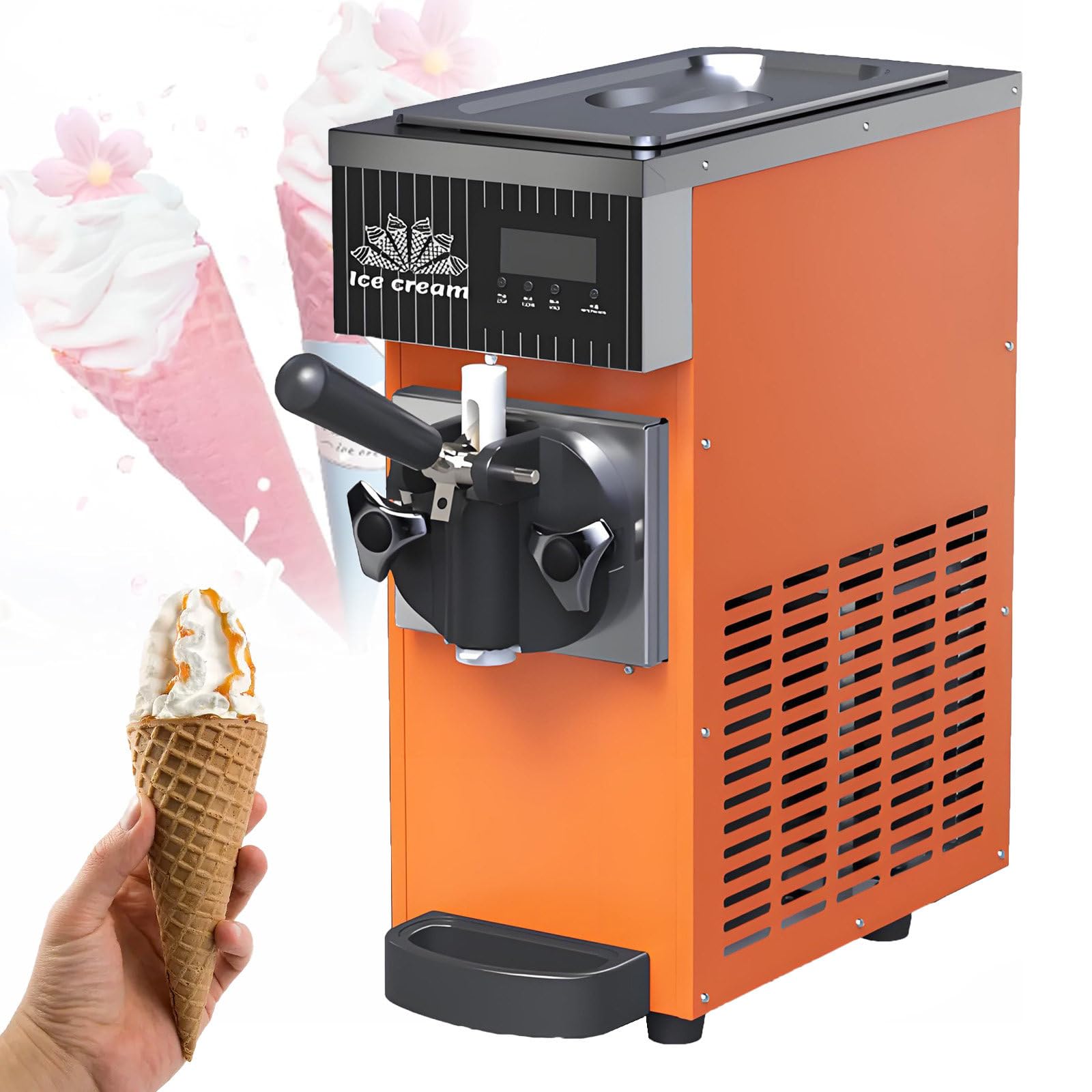 Nyans Orange Single Flavor Commercial Ice Cream Machine, Commercial Soft Serve Ice Cream Maker, Lcd Panel, Auto Clean, Countertop Dessert Maker For Restaurants And Shops​ 450W