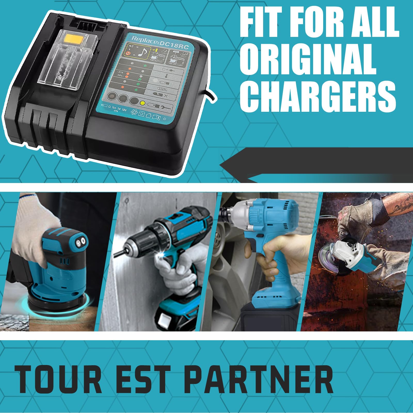 Chargeur Rapide 18V pour Batteries Lithium-ION, Indicateur LED 4 Étages, Système de Refroidissement Intégré & Protection Contre Surchauffe – pour Batteries 8.0Ah/5.0Ah/3.0Ah