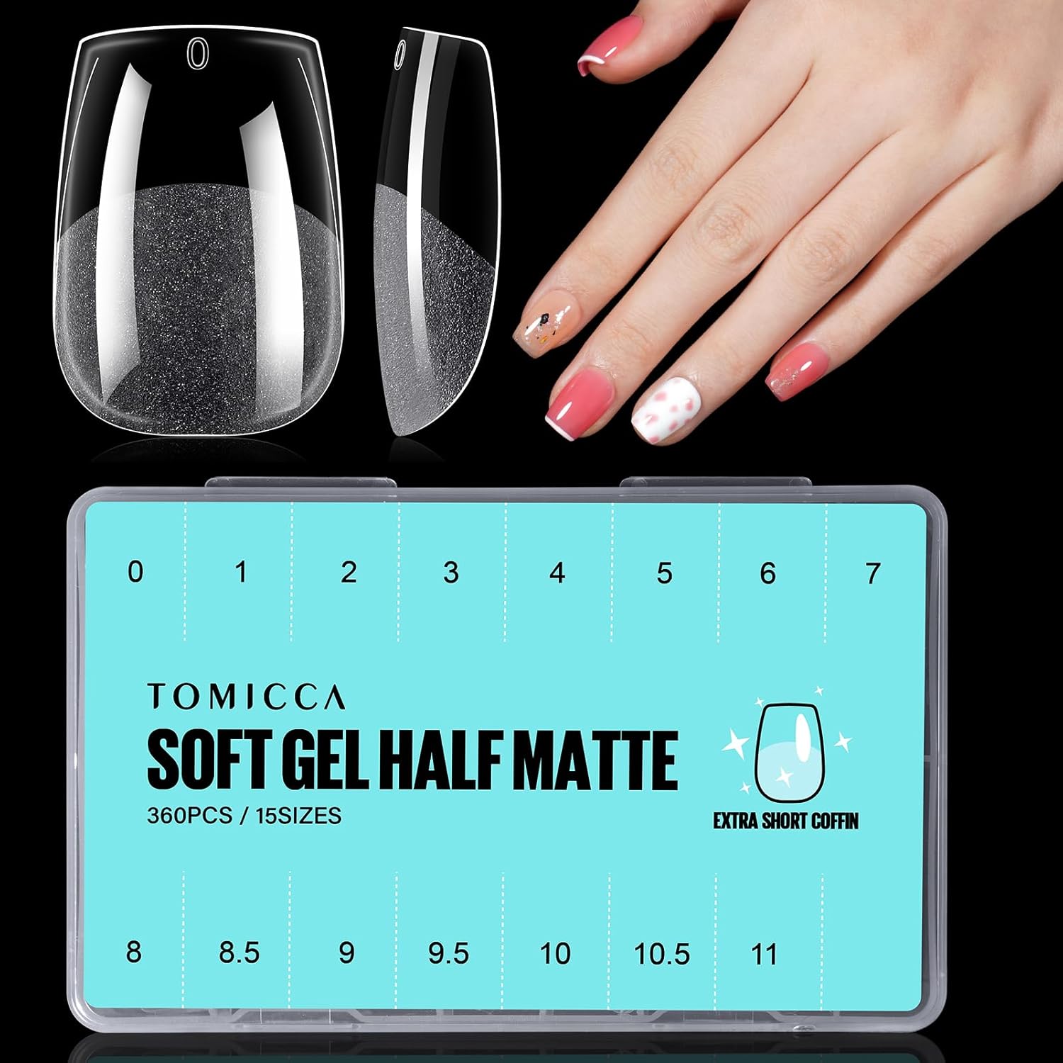 TOMICCA Coffin Shaped Short Nail Tips 360PCS Half Matte Soft Gel, No