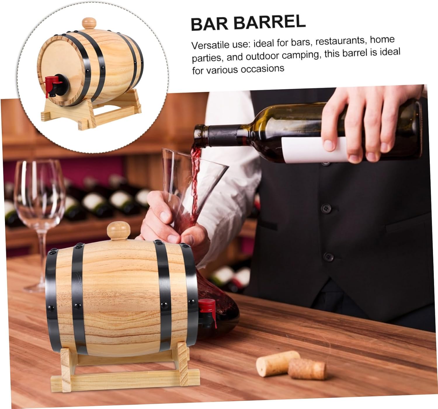 Wooden Oak Aging Stand Beverage Dispenser for Whiskey Wine and Craft Beer Decorative Storage for Home Entertaining and Bar Display