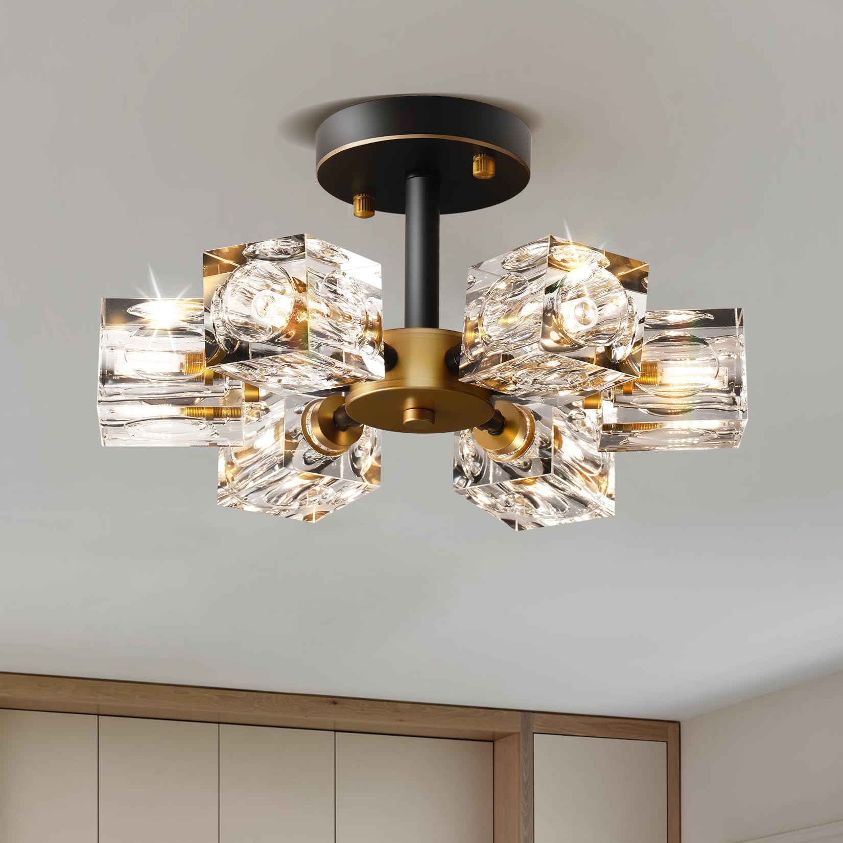 JUJUQI Modern Crystal Ceiling Light,Black and Gold 6-Light Semi Flush Mount Sputnik Chandelier for Bedroom Hallway Dining Room Living Room — image 1