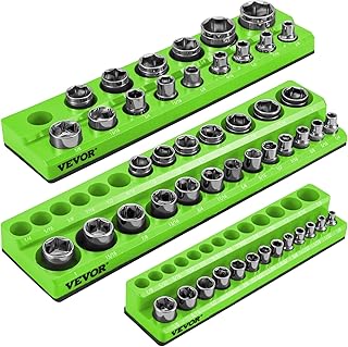 VEVOR 3-Pack Metric Magnetic Socket Organizers, 1/2-inch, 3/8-inch, 1/4-inch Drive Socket Holders Hold 68 Sockets, Green Tool Box Organizer for Sockets Storage
