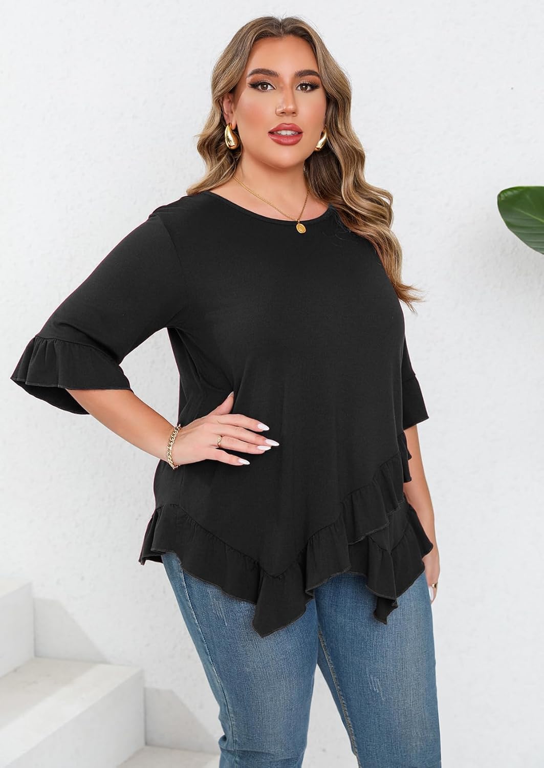 Beauhuty Plus Size Tops for Womens Tunic Ruffled Hem Crew Neck T-Shirts Casual Flowy Blouses 3/4 Ruffle Sleeve - Image 5