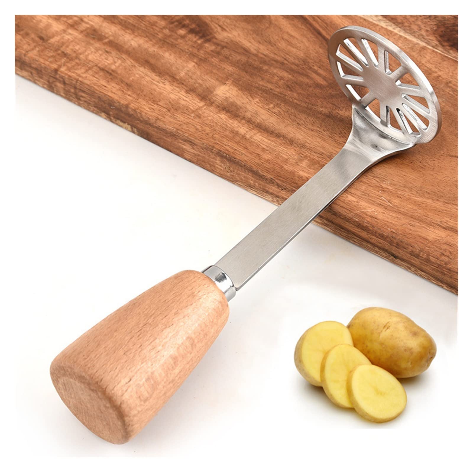 masher Edelstahl-Kartoffelstampfer mit Holzgriff, Multifunktions-Kürbis-Bananen-Püree-Schlammpresse, Küche, Lebensmittelzerkleinerer, Kochutensilien, Stampfer