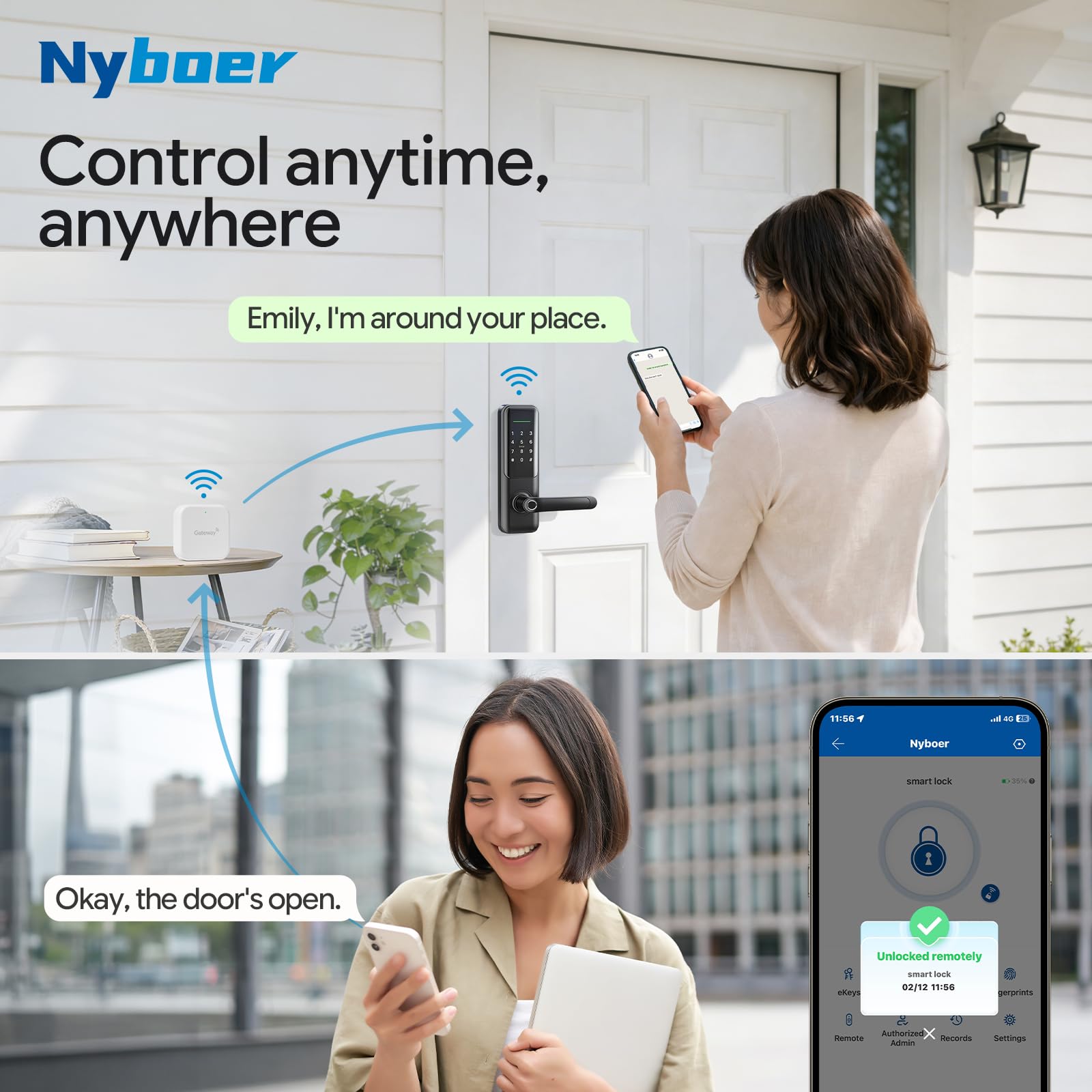 Passerelle Wi-Fi contrôle à distance Smart Empreinte digitale Serrure de porte avec application TT Lock, passerelle Smart Hub compatible avec Alexa Voice Control Assemblages Nyboer