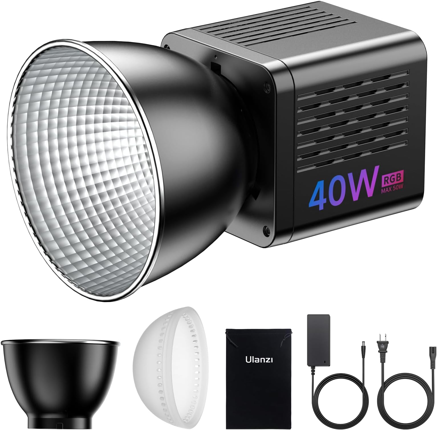 40W Pro RGB Portable LED Video Light w DC Power Adapter, 3400mAh Build-in Battery Metal Mini Adjustable Color Temperature COB Continuous Output Lighting Handheld Spotlight 2500K-6500K for Video