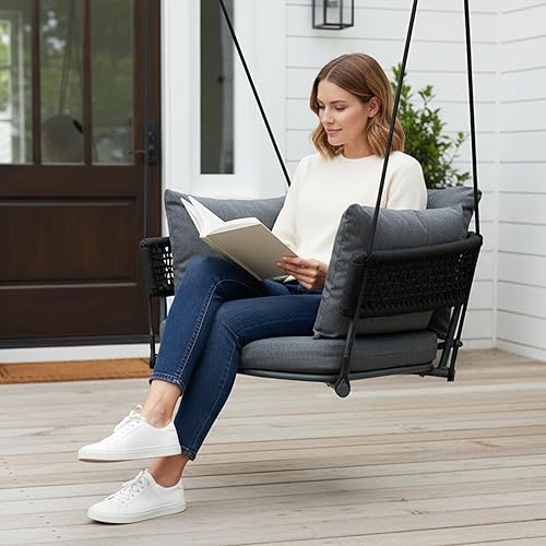 Miniatura 6 de Columpios colgantes para porche, silla de columpio individual para exteriores, columpio de balcón al aire libre, asiento de columpio de patio