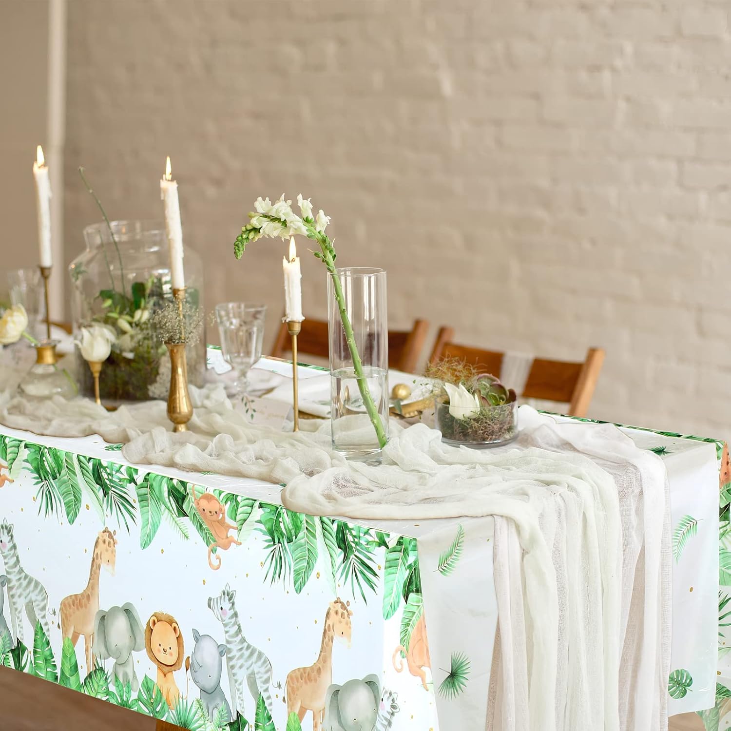 Jungle Safari Party Tablecloth Wild One Tablecloth Animal Print Table Cover Sage Green Baby Shower Decorations Zoo Plastic Table Cover for Boys Kids Birthday Decoration Supplies, 108 x 54 Inch (3 Pcs)