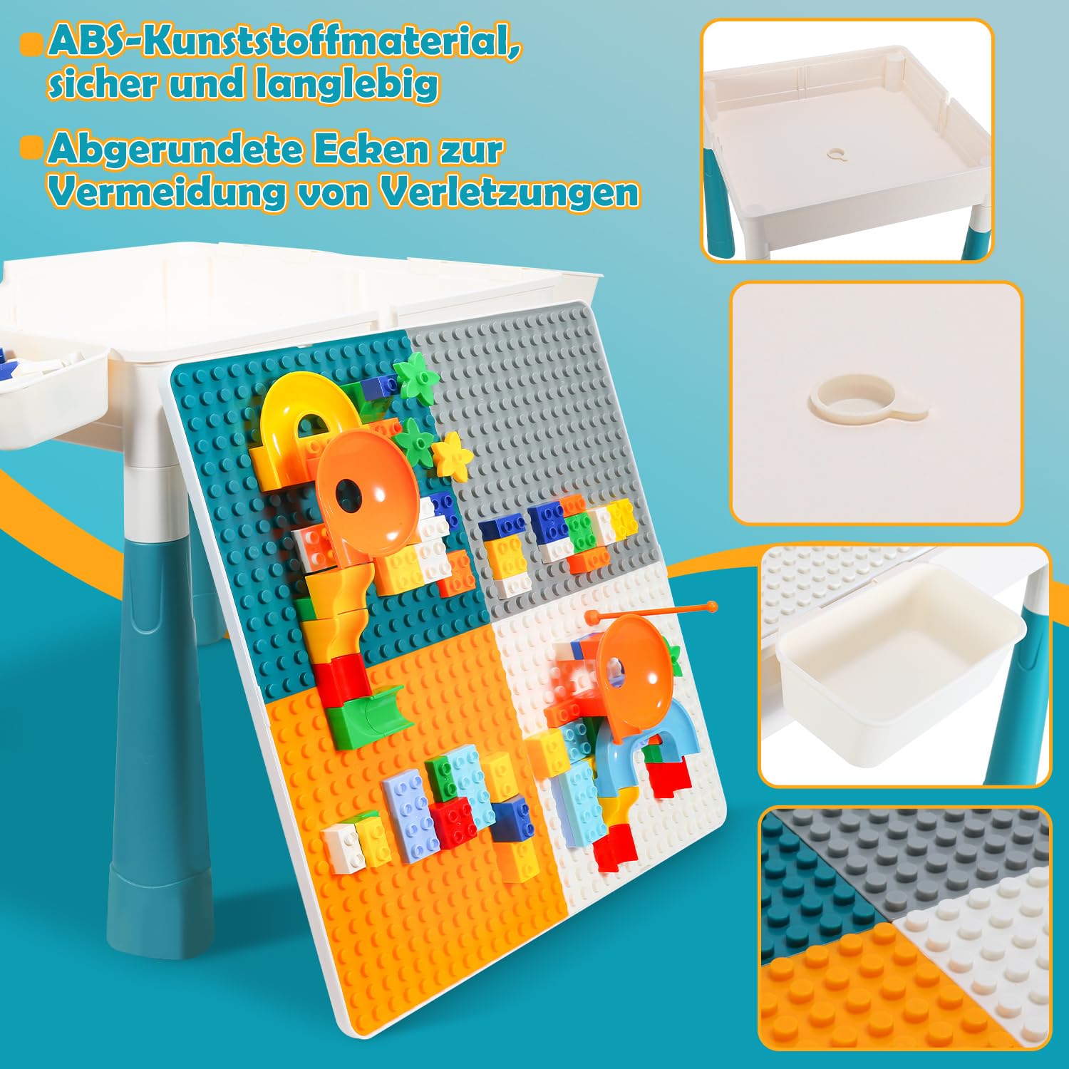Tavolo da gioco per bambini con 2 sedie, tavolo da gioco con 251 mattoncini da costruzione, multifunzione, regolabile in altezza, set di mattoncini da costruzione