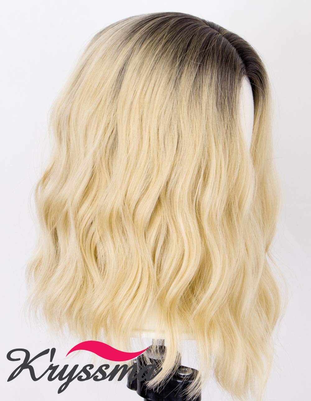 K'ryssma Ombre Bob Wig Blonde Dark Root 2 Tone Short Bob Wig Wavy Glueless Heat Resistant Hair Synthetic Wigs for Women