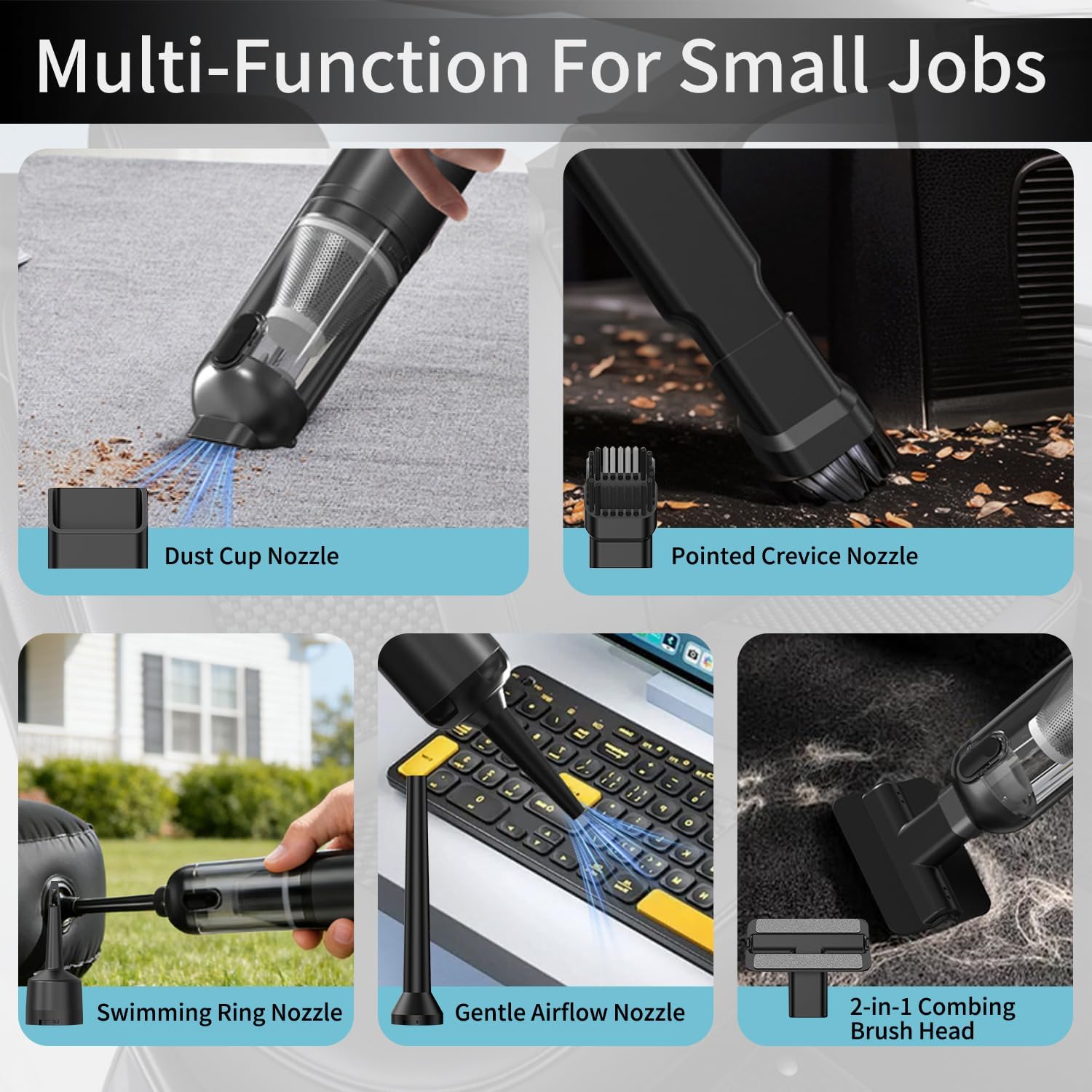 JFX Car Portable Cordless Handheld Vacuum Cleaner with 17000pa Suction Power, 4-in-1 Mini Cordless Vacuum with 3 Suction Mode, Type-C Charge, Handheld Vacuum for Small Jobs, Car, Office Desk, Keyboard