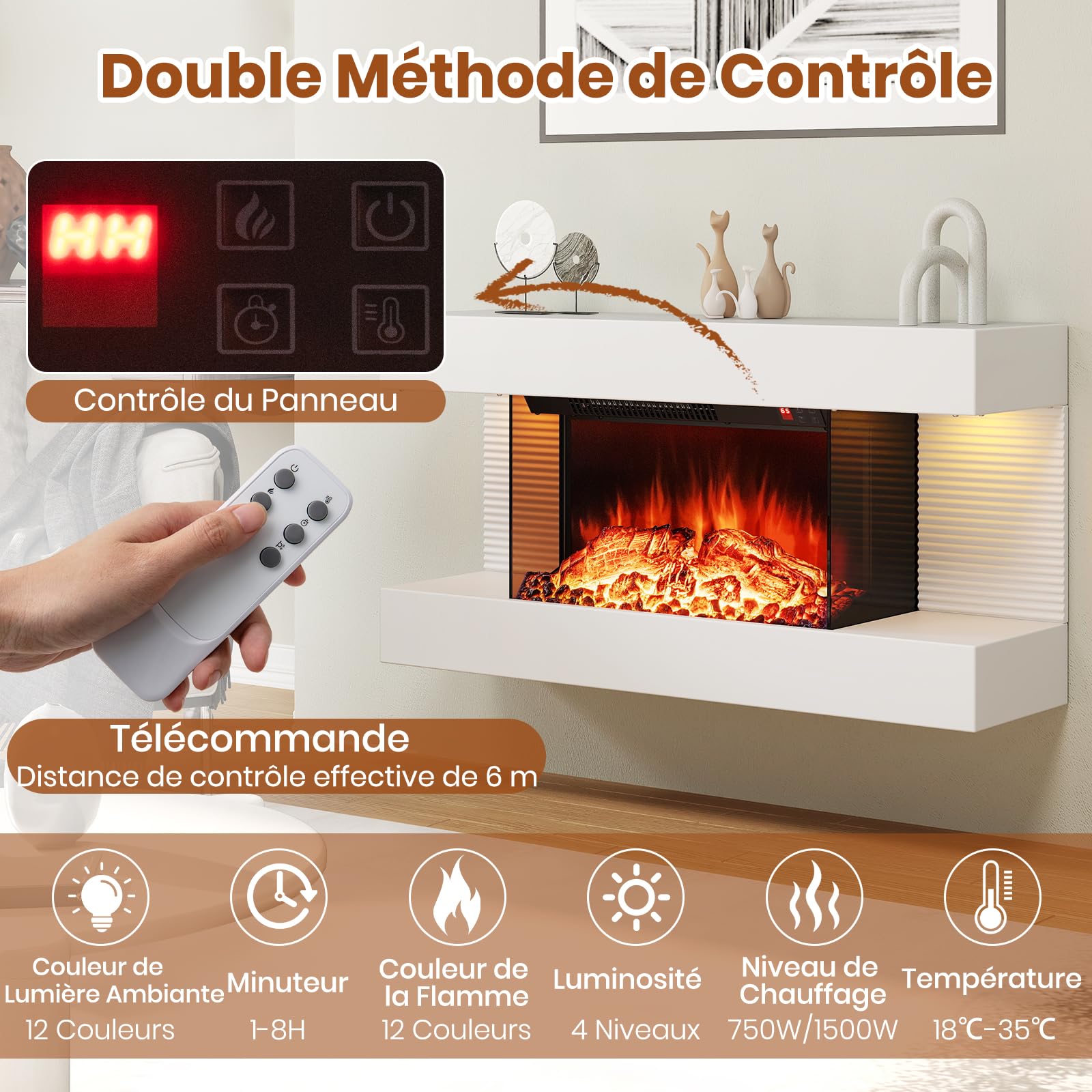 RELAX4LIFE Cheminée Électrique Murale 750W/1500W avec Effet Flamme LED