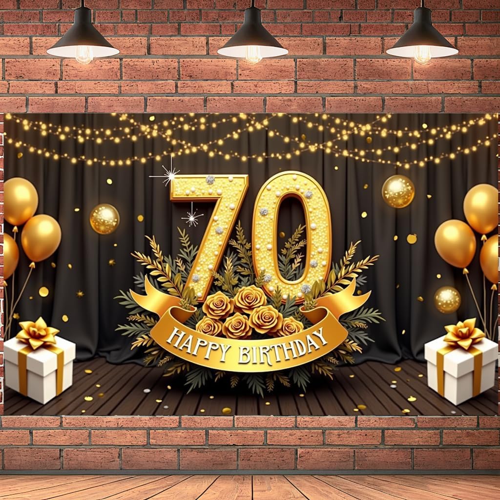 Happy 70th Birthday Decoration Banner for Men Women Black Gold 70th Birthday Banner Backdrop for 70th Birthday Party Supplies