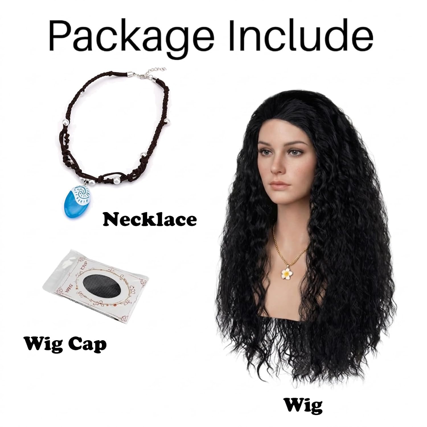 Long Black Curly Wig with Necklace Black Fluffy Anime Princess Wig for Women Heat Resistant Synthetic Hair for Halloween Cosplay Party Costume