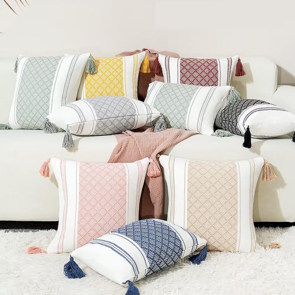2 federe per Cuscini con Nappe Boho Decorative,Double-Face,con Accenti neutri,in Tessuto Trapuntato,in Cotone e Poliestere,per Divano,Camera da Letto,Stile Fattoria,Beige,