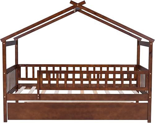 Miniatura 7 de Harper & Bright Designs Cama Casa Individual con Cama Nido, Marco de Plataforma Individual para Niños con Rieles y Techo, Cama Tienda, Casa de