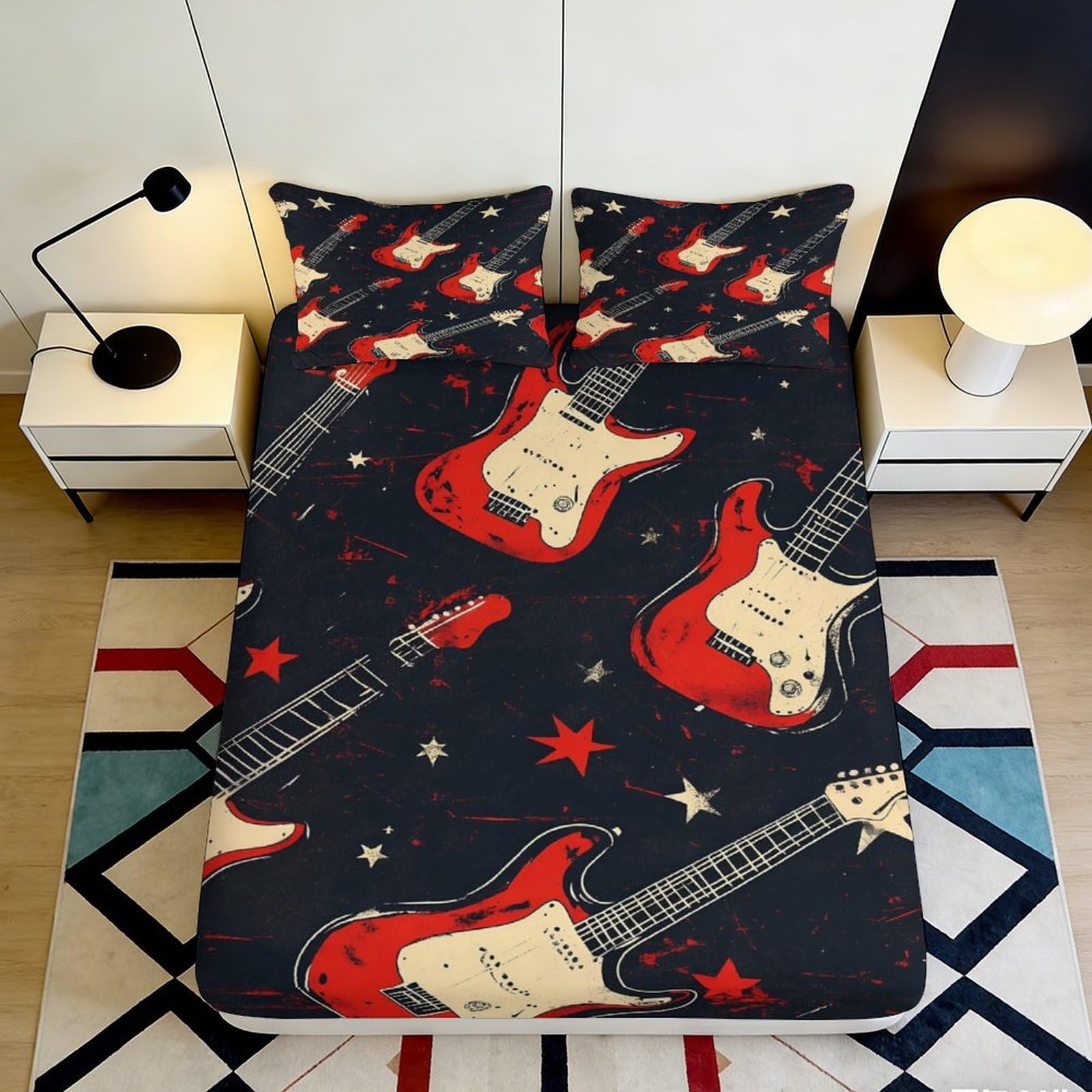 3D Printed Red Electric Guitar Fitted Sheet Microfiber Rock Star Mattress Cover for Bedroom Guest Room Music Decor 90x200x25cm