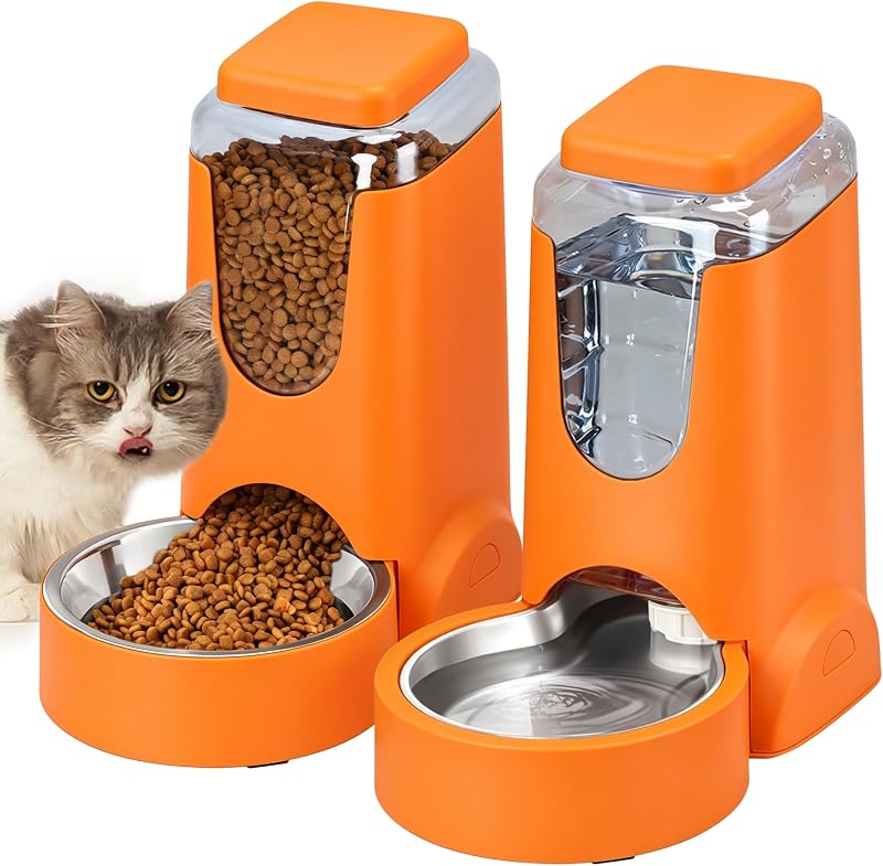 Comedouro Automático por Gravidade com Bebedouro e Tigela de Aço Inoxidável HWONMTE, Laranja, 2 unidades