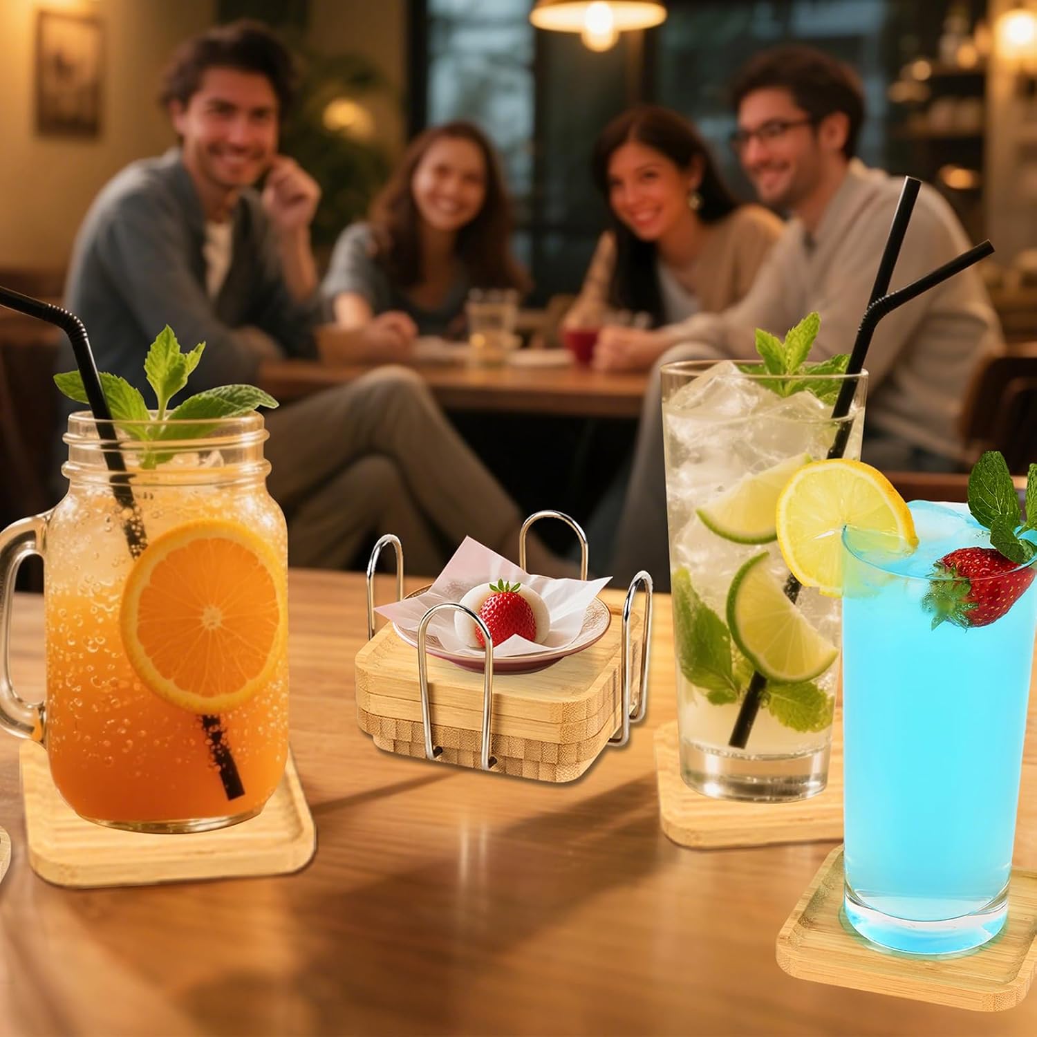 eleganlife Coasters Set of 6 for Coffee Bar Accessories - Bamboo, Drink Coasters with Holder for Home Decor and Wooden Small Snack Trays Set - Portable for Home, Office and Relaxation - Image 3