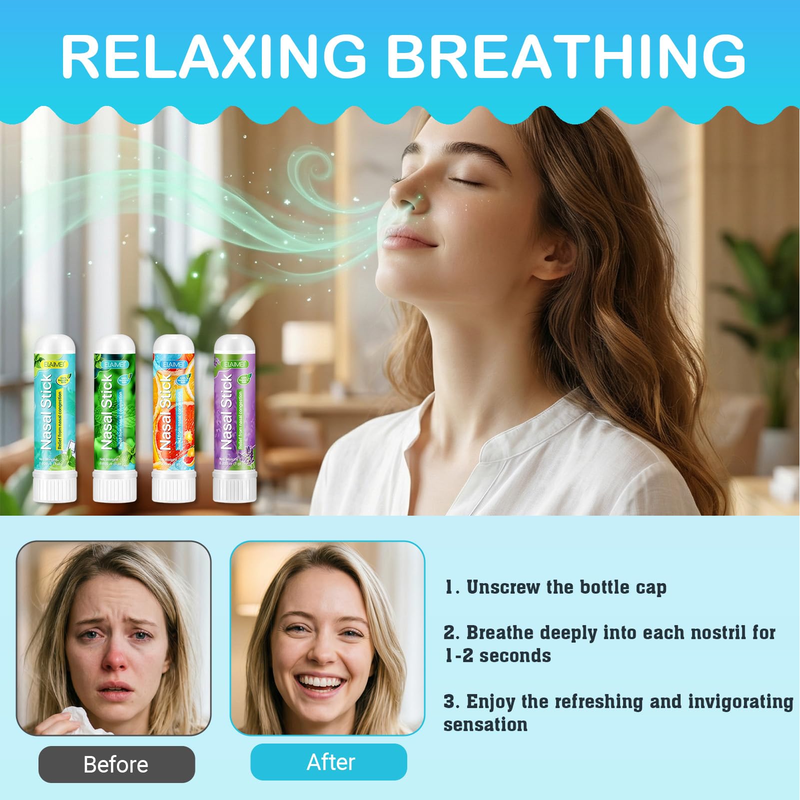 Nasal Stick 4 Pack, Bastone Nasale Agli Oli Essenziali, Effetto Fresco Lenitivo,Rilassa la Mente e il Corpo,Migliora la Concentrazione,Inalatore Nasale-Menta, Menta Piperita, Arancia, Lavanda