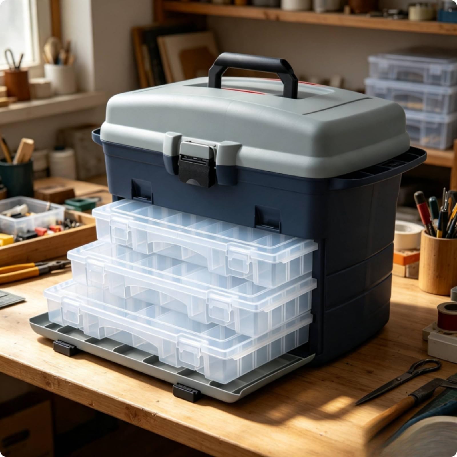 Contenitore Attrezzatura da Pesca Scatola Tackle Organizer Cassetta Portaesche con Vassoi Estraibili Design a Due Livelli in Plastica Robusta con