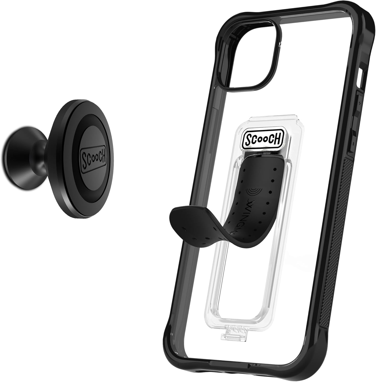 Scooch for iPhone 17 Case with Stand, Wingman 5-in-1 Kickstand Case, Military Grade Drop Protection, Pop-Out Kickstand, Grip, Car Mount, Tuxedo Clear