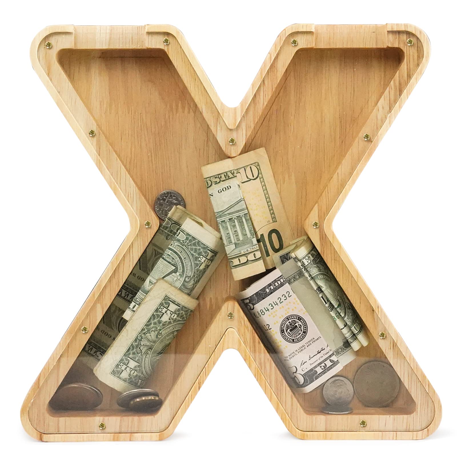 WOOD CITY Letter Piggy Bank for Adults Boys Girls Kids, Wooden 9 inch Large Personalized Bills and Coins Bank Money Box, Customized Name DIY Creative Gift for Real-Money, Alphabet Decorations (X)
